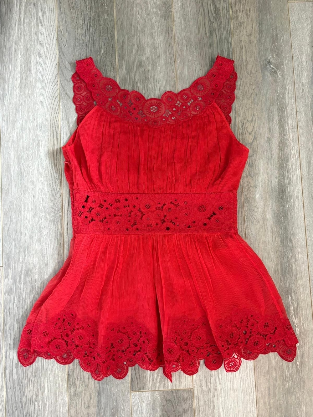 Catherine Malandrino Red Silk Lace Trim Peplum Top Size 4
